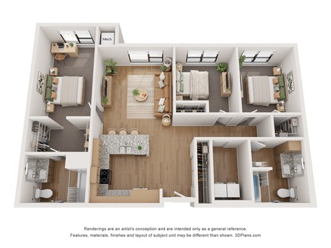Floor plan for 3 beds, 2 baths, 1332 sqft